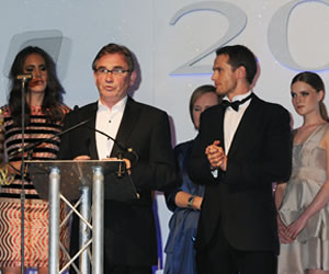 Brian Wilson and Mark Hogarth accepting Textile Brand of the Year at the Scottish Fashion Awards