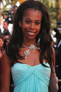 TV presenter Elisabeth Tchungui attends wears the necklace and earrings Folie des prés by Van Cleef & Arpels during the Cannes Film Festival.  Photo: Olivier Borde