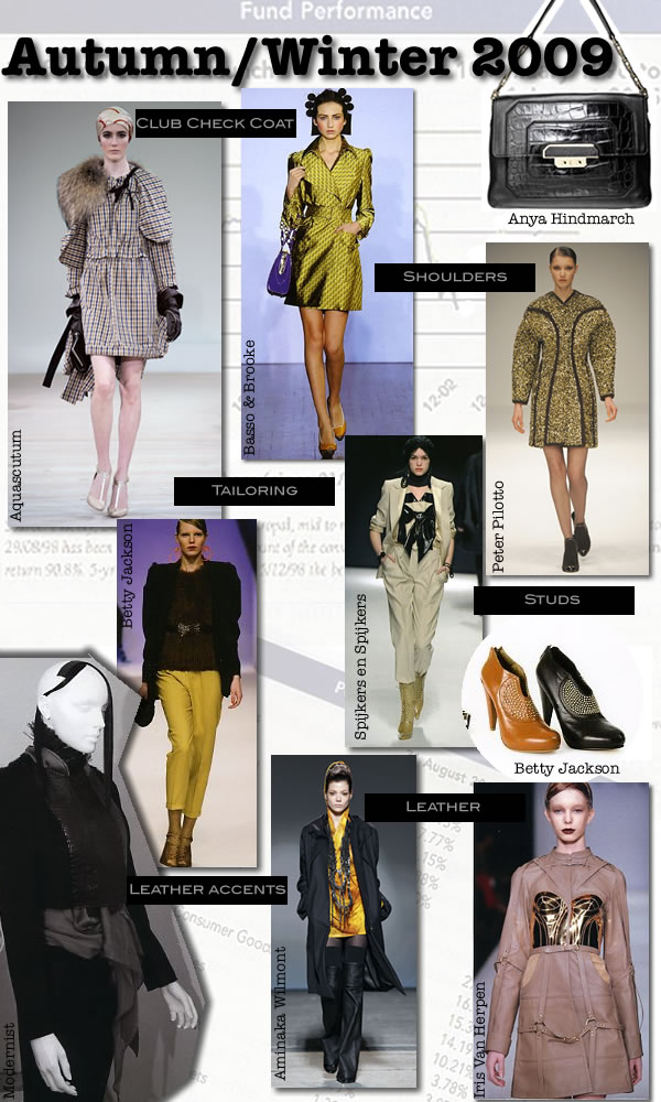 Autumn Winter 2009 Trends Designer Luxury Labels Pictured include Aquascutum's Check Coat, Basso & Brooke's Pronounced Shoulder Coat, Anya Hindmarch Classic Black Handbag, Peter Pilotto Rounded Shoulder Coat, Betty Jackson tailoring, Spijkers en Spijkers Tailoring, Studded Shoes by Betty Jackson, Leather Coat by Iris Van Herpen, Aminaka Wilmonth Trench Coat and Modernist Leather Jacket